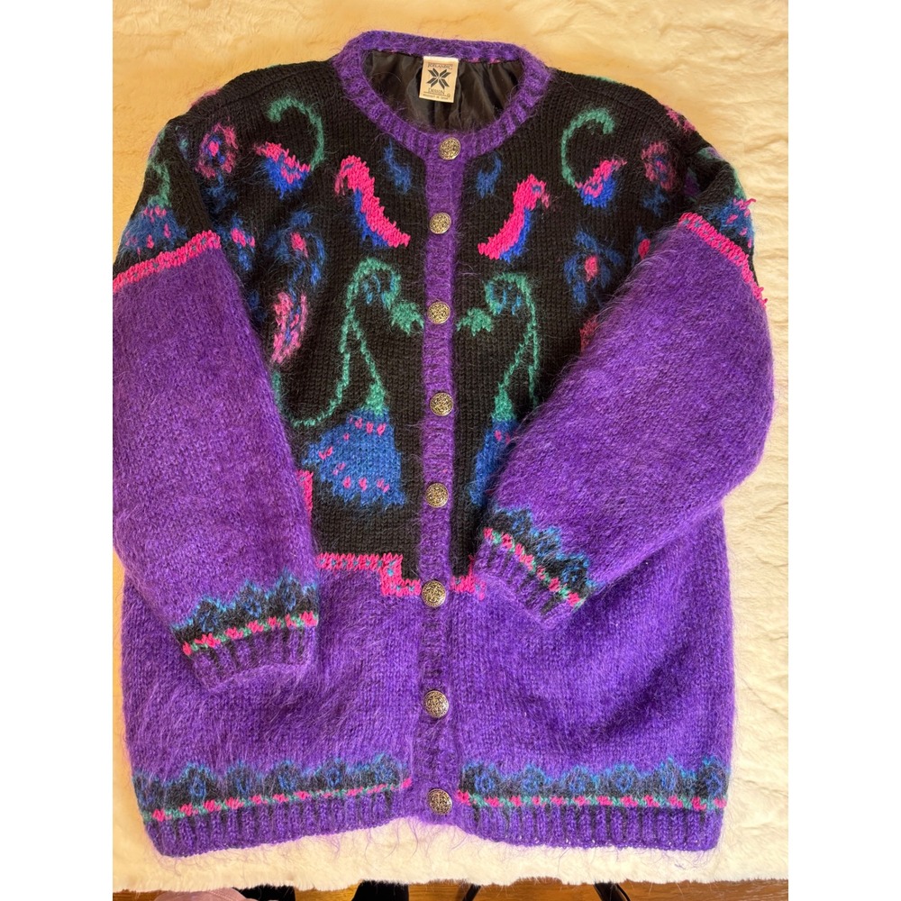 Icelandic Design Handknit Mohair Wool Cardigan Sweater Purple Black Neon M/L